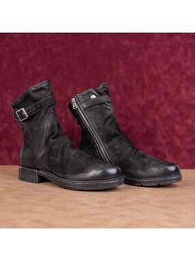 AS98 Wmn Moto Buckle Zip Black Leather Festival Boho Ankle Boots 10.5-11US EUR42